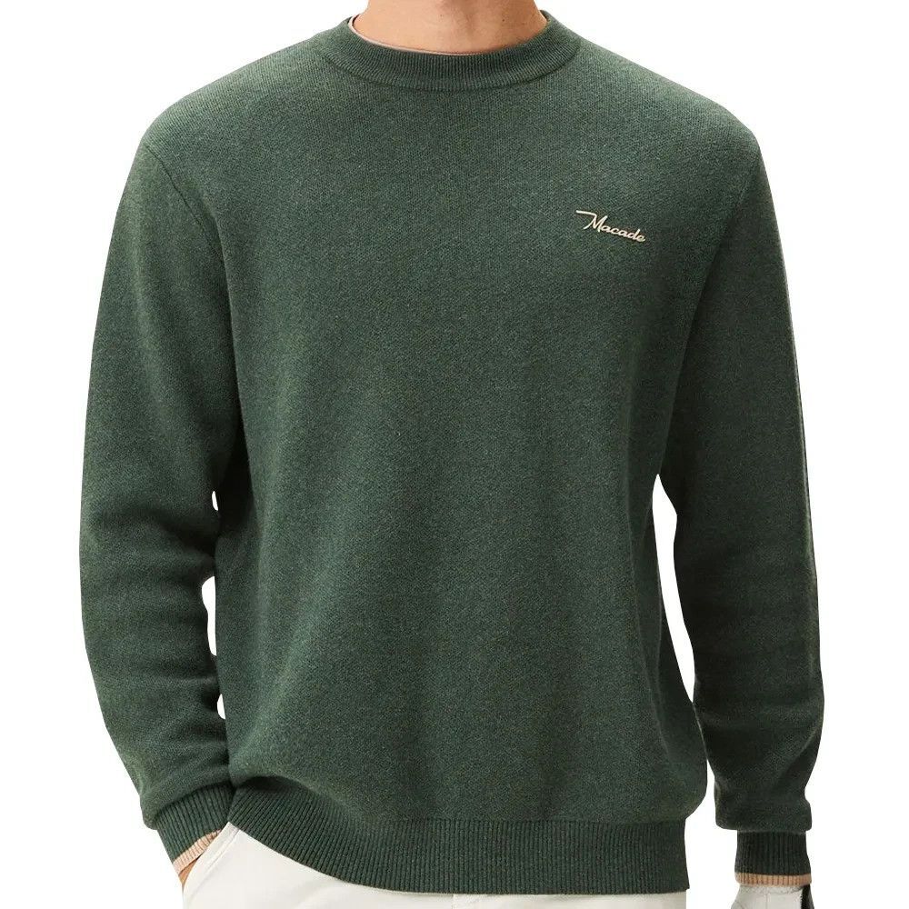 Macade Mens Cashmere Blend Knit Crewneck Sweater Green Tan Trim Medium